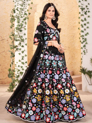 Rajwada Black Georgette Embroidered Semi Stitched Lehenga For Women