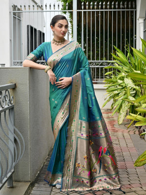 Rajwada Teal Blue Silk Blend Embroidered Saree For Women
