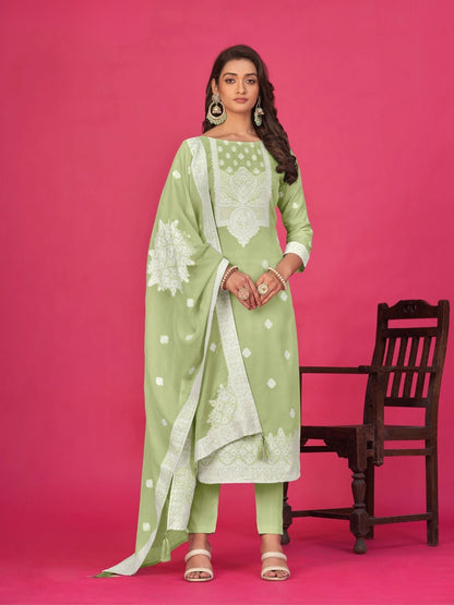 Rajwada Light Green Organza Embroidered Semi-Stitched Kurta Set For Women