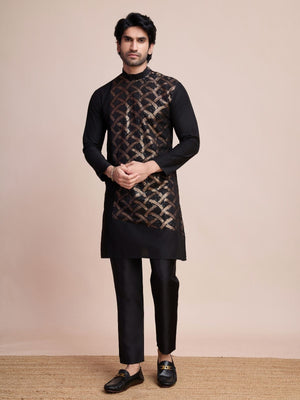 Rajwada Black Silk Blend Embellished Stitched Kurta With Pant For Men