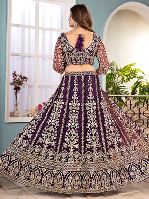 Rajwada Wine Net Sequence Embroidered Semi-Stitched Lehenga For Women