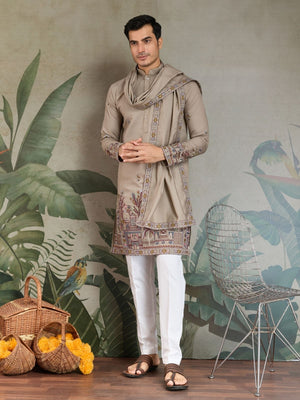 Rajwada Ivory Viscose Silk Embroidered Stitched Kurta For Men