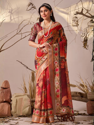 Rajwada Red Linen Cotton Printed Saree For Women