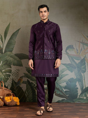 Rajwada Purple Silk Blend Embroidered Stitched Kurta Set For Men
