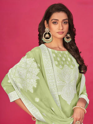 Rajwada Light Green Organza Embroidered Semi-Stitched Kurta Set For Women