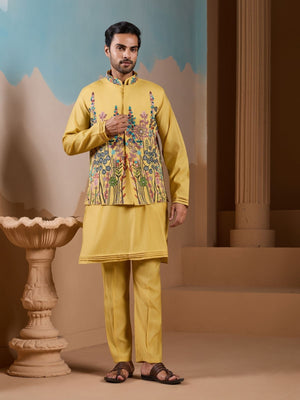 Rajwada Yellow Silk Blend Embroidered Stitched Kurta Set For Men