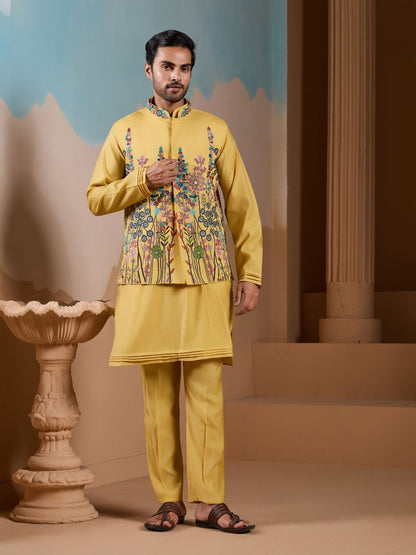 Rajwada Yellow Silk Blend Embroidered Stitched Kurta Set For Men