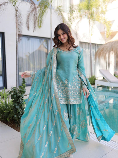 Rajwada Sky Blue Silk Blend Embellished Stitched Kurta Set For Women