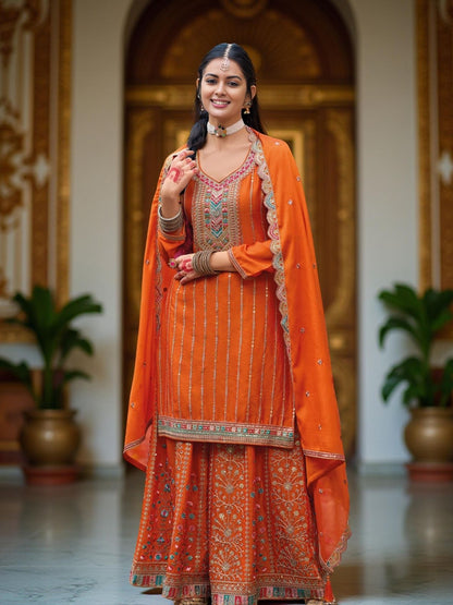 Rajwada Orange Chinon Embroidered Stitched Kurta Set For Women