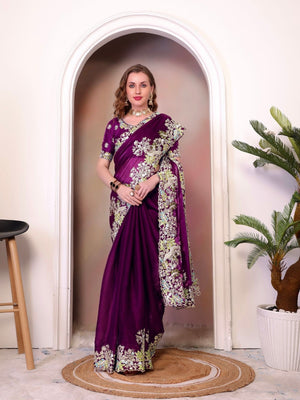 Rajwada Wine Organza Embroidered Solid Saree For Women