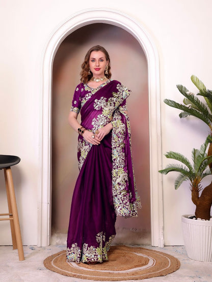 Rajwada Wine Organza Embroidered Solid Saree For Women