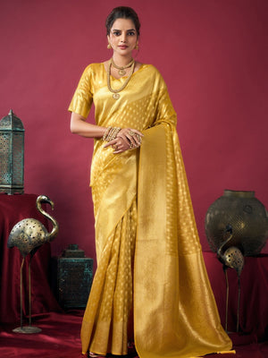 Rajwada Yellow Silk Blend Solid Saree For Women
