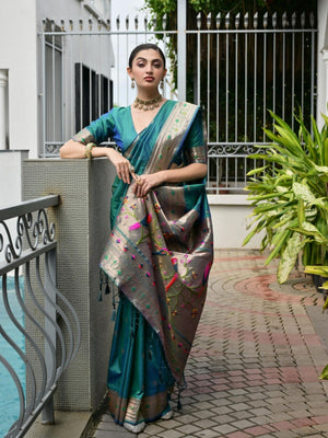 Rajwada Teal Blue Silk Blend Embroidered Saree For Women