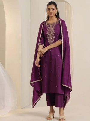Rajwada Purple Viscose Chanderi Embriodered Stitched Kurta Set For Women