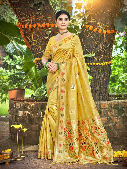 Rajwada Light Mustard Silk Blend Printed Saree For Women