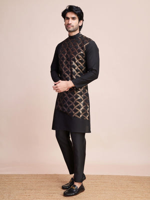 Rajwada Black Silk Blend Embellished Stitched Kurta With Pant For Men