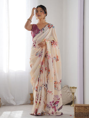 Rajwada Cream Chinon Printed Saree With Unstitched Blouse For Women