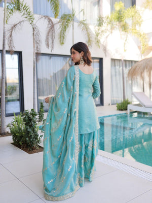 Rajwada Sky Blue Silk Blend Embellished Stitched Kurta Set For Women