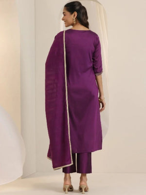 Rajwada Purple Viscose Chanderi Embriodered Stitched Kurta Set For Women