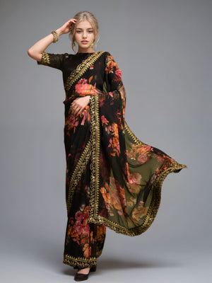 Rajwada Black Georgette Printed Saree For Women