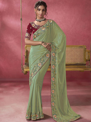 Rajwada Light Green Georgette Embroidered Elegant Saree For Women