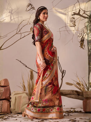 Rajwada Red Linen Cotton Printed Saree For Women