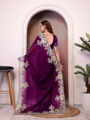 Rajwada Wine Organza Embroidered Solid Saree For Women