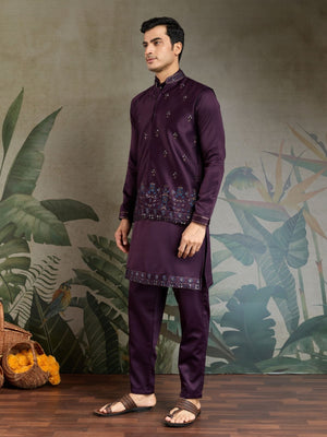 Rajwada Purple Silk Blend Embroidered Stitched Kurta Set For Men
