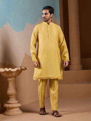 Rajwada Yellow Silk Blend Embroidered Stitched Kurta Set For Men