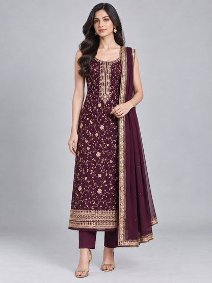 Wine Net Embellished Kurta Set