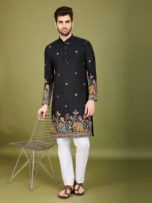 Rajwada Black Cotton Embroidered Stitched Kurta For Men