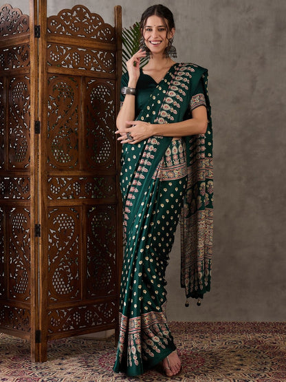 Rajwada Green Silk Blend Printed Elegant Saree For Women