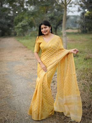Rajwada Yellow Silk Blend Woven Saree For Women