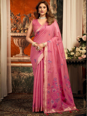 Rajwada Pink Cotton Blend Solid Saree For Women