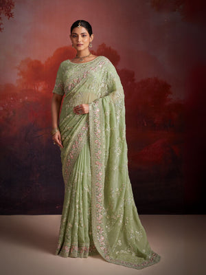 Rajwada Green Organza Embroidered Saree For Women