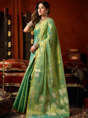 Rajwada Aqua Green Silk Blend Solid Saree For Women