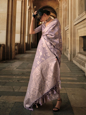 Rajwada Mauve Silk Blend Woven Saree With Unstitched Blouse For Women