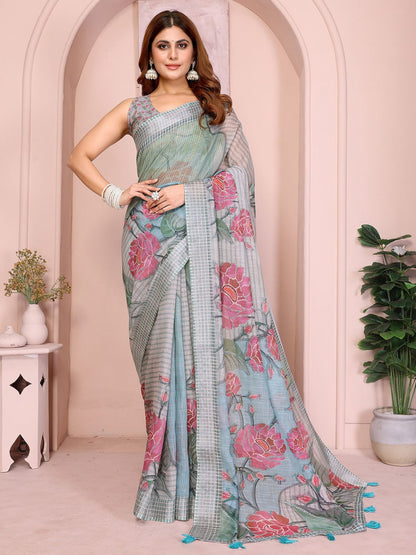 Rajwada Grey Cotton Linen Solid Printed Saree For Women