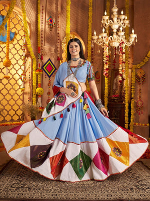 Rajwada Multicolor Viscose Cotton Embroidered Semi-Stitched lehenga With Patch Work And Stunning Tassels For Women