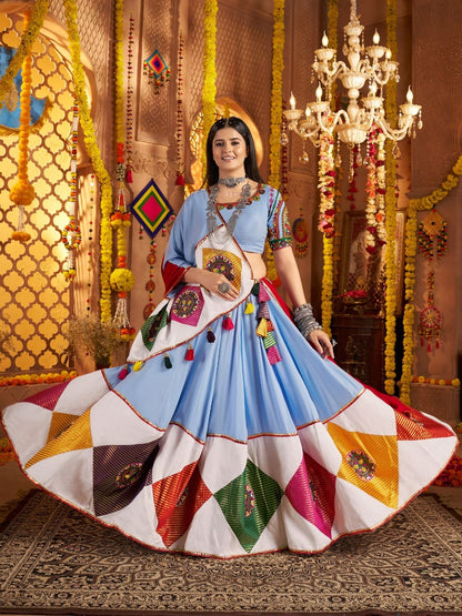 Rajwada Multicolor Viscose Cotton Embroidered Semi-Stitched lehenga With Patch Work And Stunning Tassels For Women