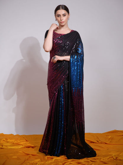 Rajwada Multicolor Embellished Georgette Saree With Unstitched Blouse For Women