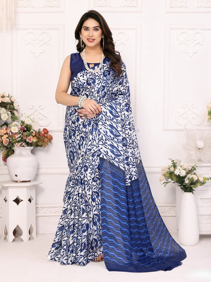 Rajwada Blue Khadi Printed Saree With Unstitched Blouse For Women