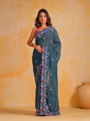 Rajwada Teal  Georgette Embroidered Saree With Unstitched Blouse For Women
