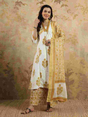 Rajwada Off White Cotton Blend Printed Stitched Kurta Set For Women