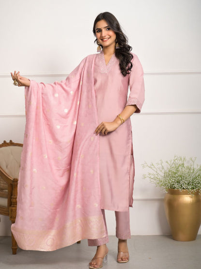 Rajwada Peach Viscose Chanderi Embroidered Stitched Kurta Set For Women