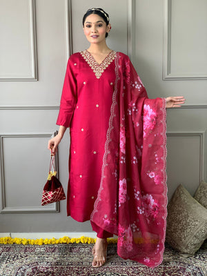 Rajwada Magenta Viscose Embroidered Stitched Kurta Set For Women