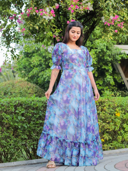 Rajwada Light Blue Georgette Stitched Printed Indo Western Dress For Women