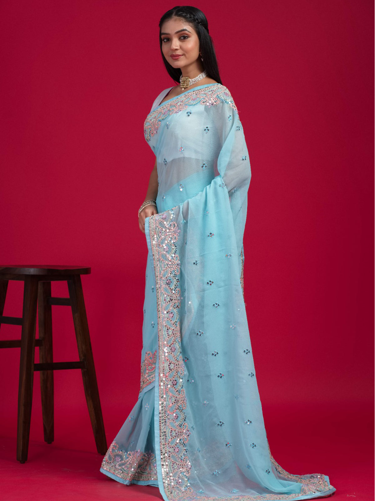 Rajwada - Blue Georgette Embroidered Saree with Unstitched Blouse