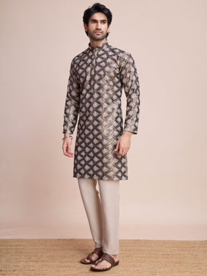 Rajwada White Silk Blend Gold Sequins Stitched  Kurta For Men