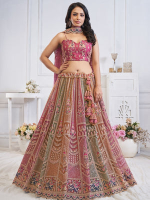 Rajwada Multicolor Soft Net Embellished Semi-Stitched Lehenga With Unstitched Blouse For Women